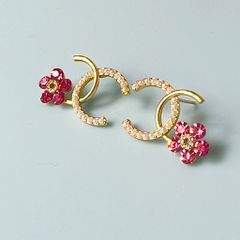  Bông Tai Chanel Cánh Hoa Bản To Màu Vàng Ngọc Trai & Pha Lê Hồng (CM) 