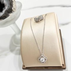  Bộ Trang Sức Bạc Cao Cấp - Dây Chuyền & Bông Tai Cỏ 4 Lá May Mắn (AQ) 