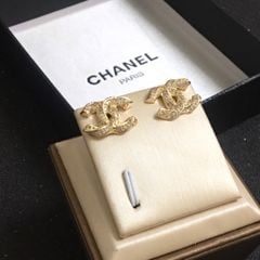  Bộ Trang Sức Chanel Màu Vàng Hồng - Cài Áo & Bông Tai Pha Lê Trắng (AA) 