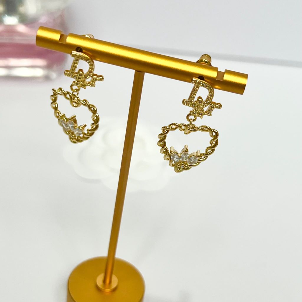  Bông Tai Dior Trái Tim Màu Vàng Pha Lê Trắng 