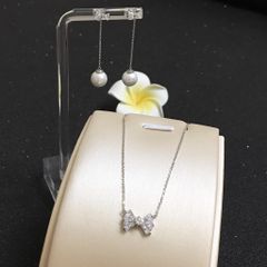  Bộ Trang Sức Bạc Cao Cấp - Dây Chuyền & Bông Tai Thắt Nơ Ngọc Trai & Pha Lê (AA) 