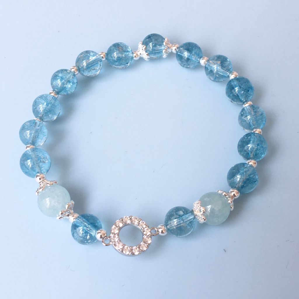  Vòng Tay Phong Thuỷ Cao Cấp - Đá Aquamarine Tự Nhiên & Vòng Tròn Đá Pha Lê Xanh Ngọt Ngào 