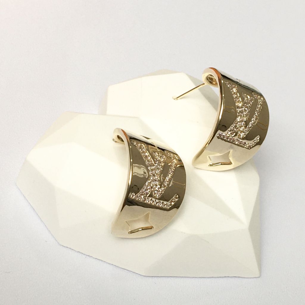  Bông Tai LV Bản To Ôm Vành Tai Màu Vàng Pha Lê Trắng (AB) 