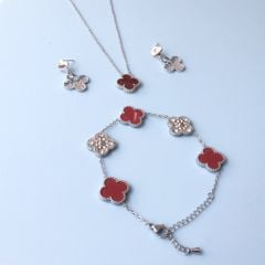  Bộ Trang Sức Cỏ 4 Lá May Mắn - Dây Chuyền, Vòng Tay & Bông Tai Màu Đỏ Pha Lê Trắng (AJ) 
