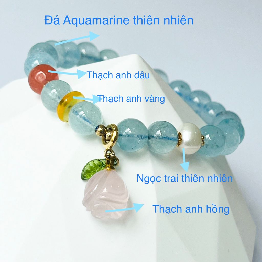  Vòng Tay Phong Thuỷ Cao Cấp - Hoa Hồng Thạch Anh Hồng, Aquamarine & Ngọc Trai Thiên Nhiên 
