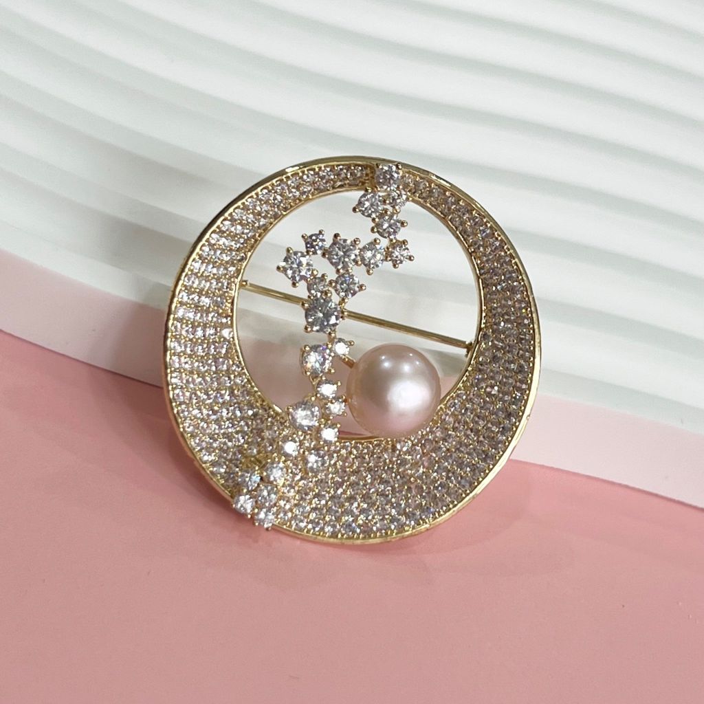  Cài Áo Mặt Trăng Pha Lê & Ngọc Trai Tự Nhiên 