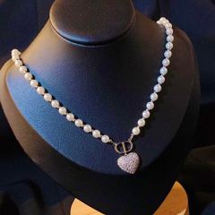  Dây Chuyền Ngắn - Dior Trái Tim Màu Trắng Ngọc Trai & Pha Lê (AJ) 