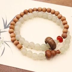  Vòng Đá Phong Thuỷ Cao Cấp - 2 Vòng Hồ Lô Gỗ Đàn Hương & Đá Ngọc Bích Xanh Lá Tự Nhiên 