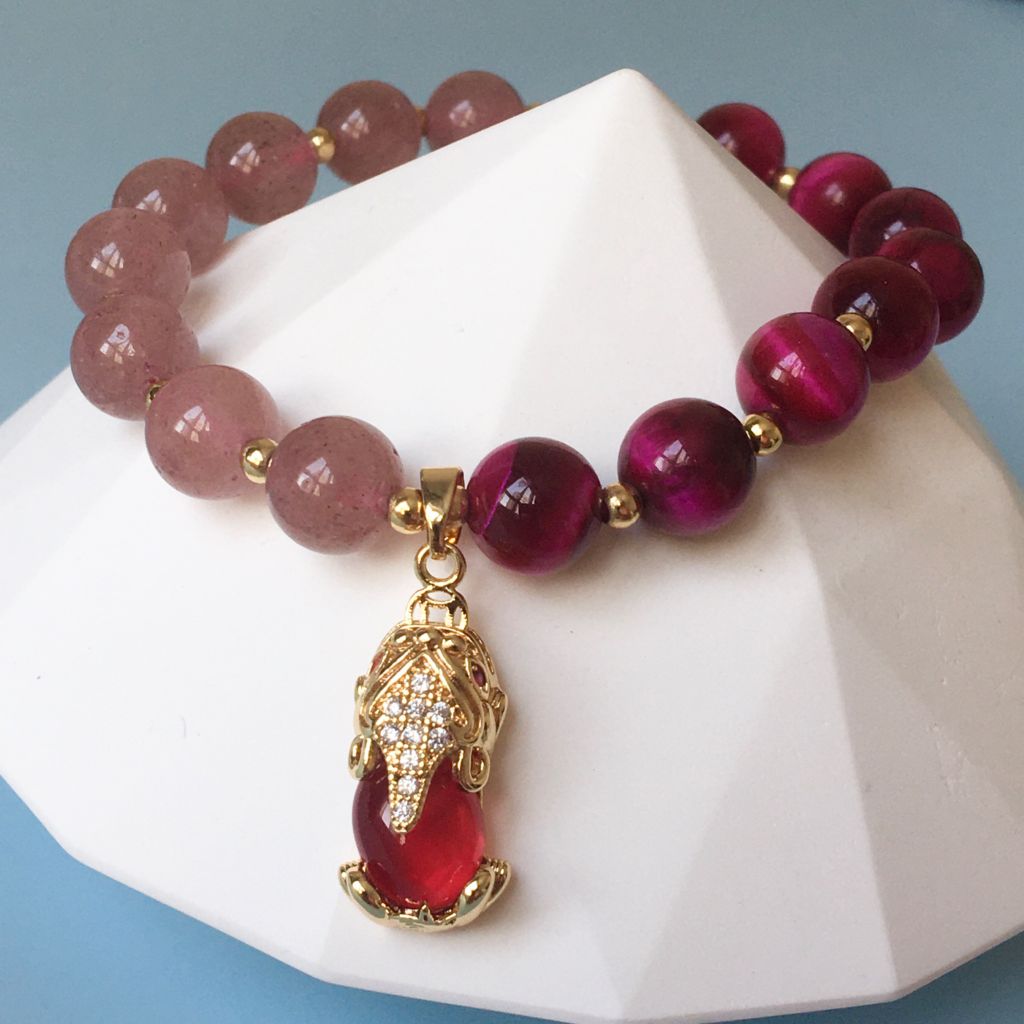  Vòng Đá Phong Thuỷ Cao Cấp -  Con Kỳ Hưu Đá Hổ Phách, Thạch Anh Dâu Tây & Thạch Anh Tím Tự Nhiên 