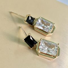  Bông Tai Chữ Nhật Màu Vàng Pha Lê Trắng Đen (AF) 