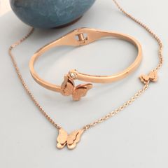  Bộ Trang Sức Titan Cao Cấp - Con Bướm Xinh Vòng Tay & Bông Tai Màu Vàng Hồng 