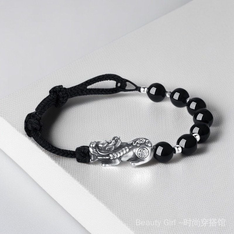  Vòng Đá Phong Thuỷ Cao Cấp - Con Tỳ Hưu Bạc S999 & Đá Obsidian Tự Nhiên 