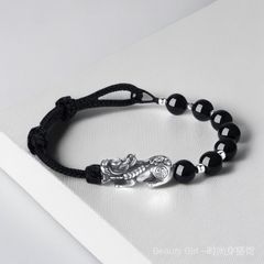  Vòng Đá Phong Thuỷ Cao Cấp - Con Tỳ Hưu Bạc S999 & Đá Obsidian Tự Nhiên 