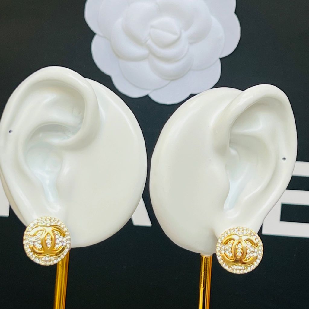  Bông Tai Chanel Bản To Màu Vàng Pha Lê Trắng (CJ) 