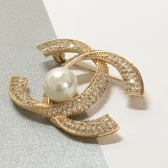  Cài Áo Chanel Màu Vàng Hồng Ngọc Trai & Pha Lê Trắng (AD) 
