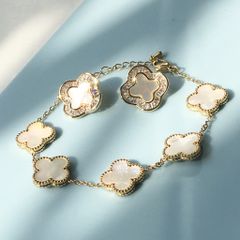  Bộ Trang Sức Cỏ 4 Lá May Mắn - Vòng Tay & Bông Tai Màu Vàng Bản To Pha Lê (AL) 