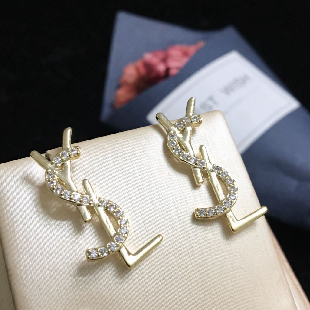  Bông Tai YSL Màu Vàng Pha Lê Trắng (AD) 