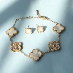  Bộ Trang Sức Cỏ 4 Lá May Mắn - Vòng Tay & Bông Tai Màu Vàng Size Nhỏ Pha Lê (AK) 