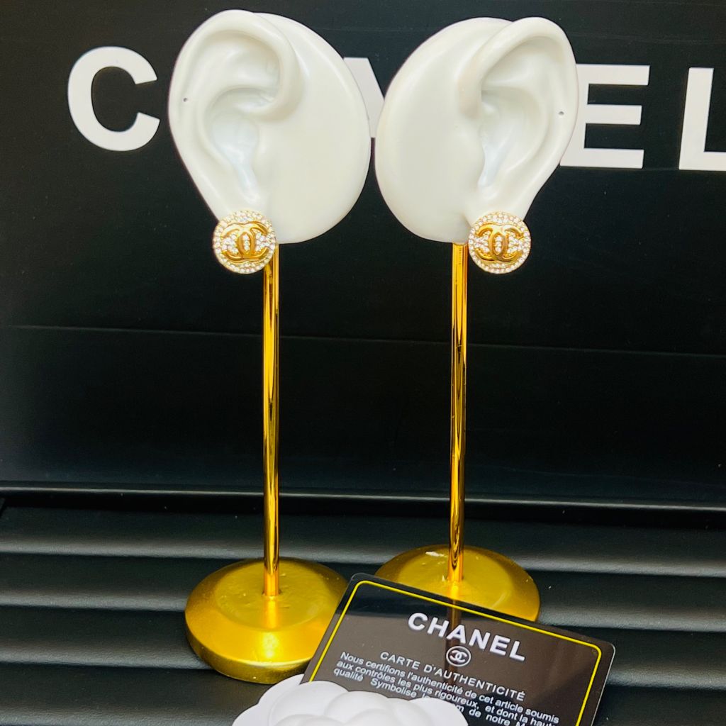  Bông Tai Chanel Bản To Màu Vàng Pha Lê Trắng (CJ) 