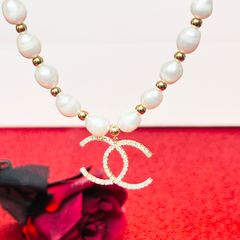  Vòng Cổ Choker Chanel Màu Vàng Chuỗi Ngọc Trai Thiên Nhiên & Pha Lê Trắng Sang Trọng 