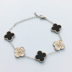  Bộ Trang Sức Cỏ 4 Lá May Mắn - Vòng Tay & Bông Tai Màu Trắng Đen Pha Lê (AH) 