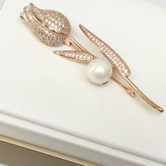  Cài Áo Hoa Tulip Màu Vàng Hồng Ngọc Trai & Pha Lê Trắng (AV) 