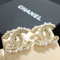  Bông Tai Chanel Bản To Màu Vàng Ngọc Trai & Pha Lê Trắng (BD) 