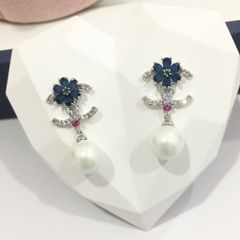  Bông Tai Cánh Hoa Chanel Màu Xanh Bích Ngọc Trai (CN) 