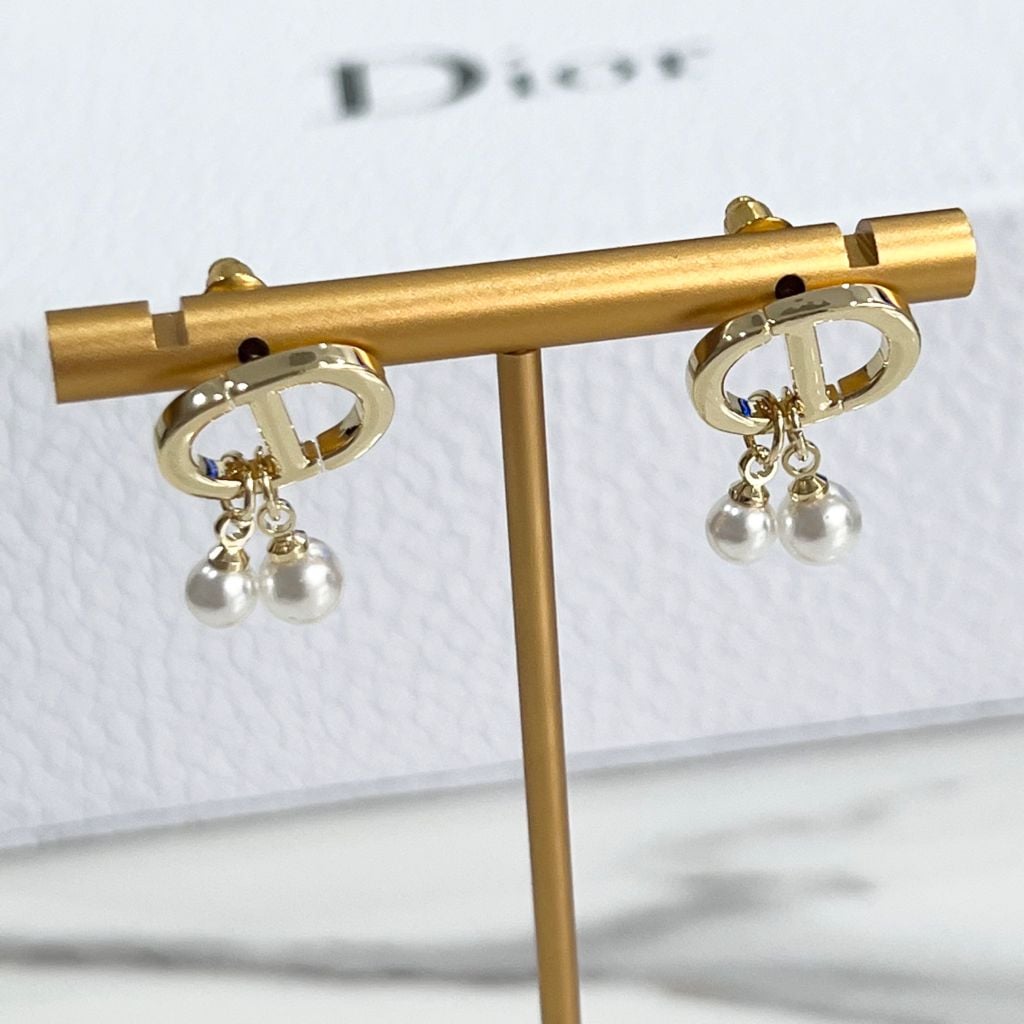  Bông Tai Dior Màu Vàng 2 Hạt Ngọc Trai 