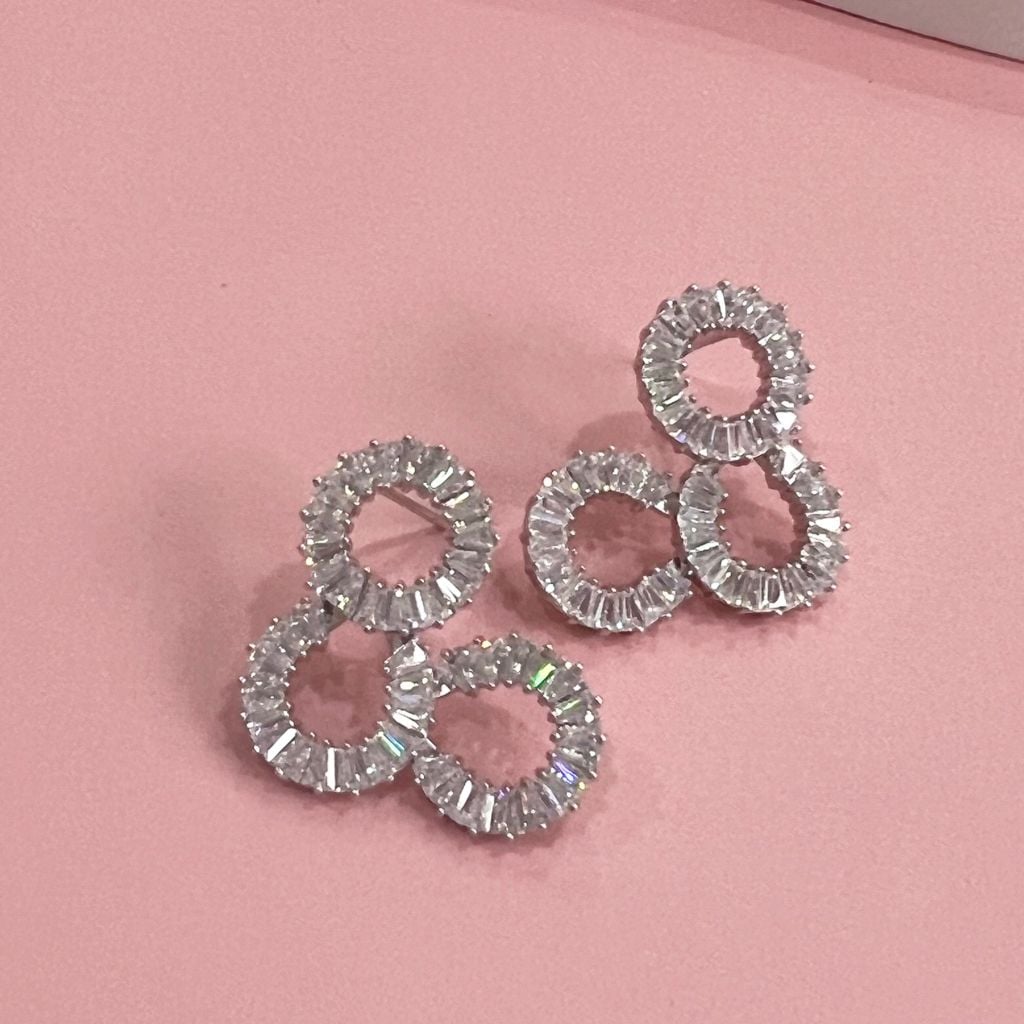  Bông Tai 3 Vòng Tròn Bản To Pha Lê Trắng 