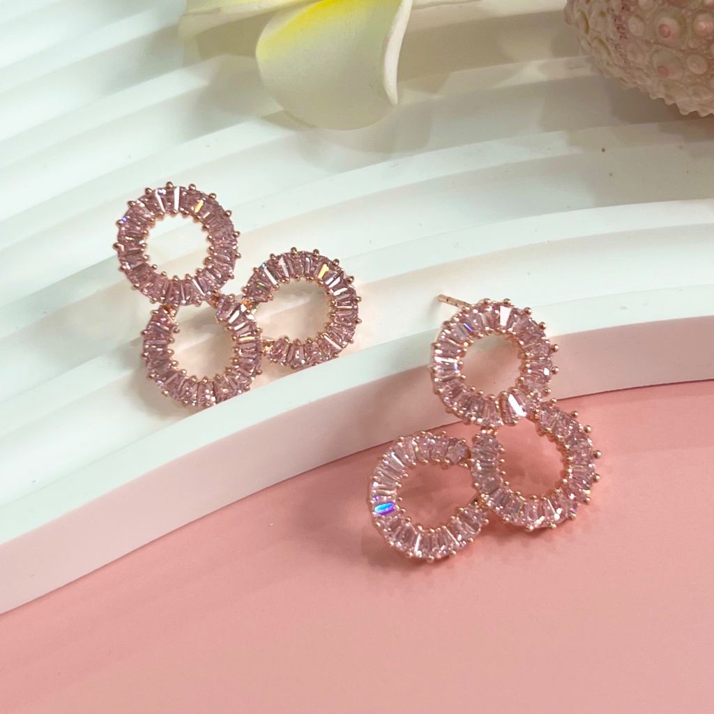  Bông Tai 3 Vòng Tròn Bản To Pha Lê Hồng 