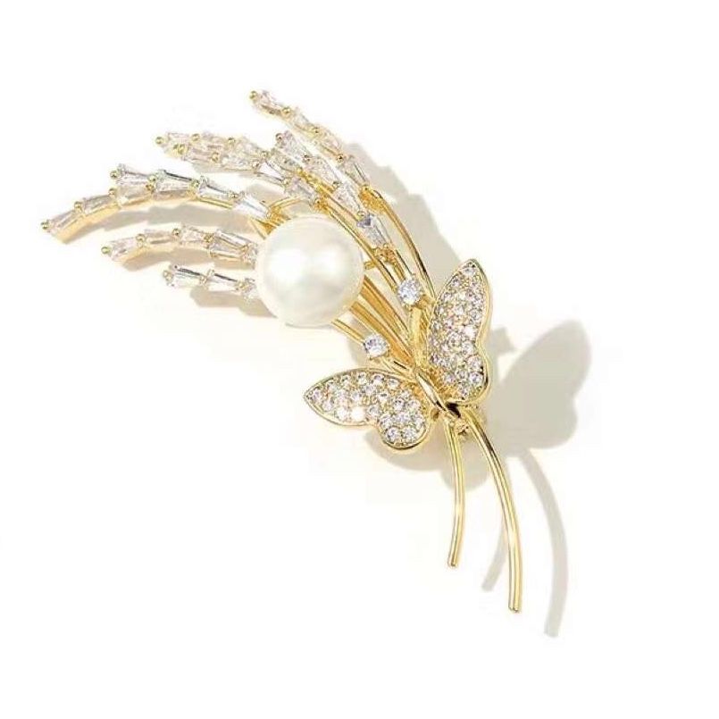  Cài Áo Con Bướm Và Bông Lúa Vàng Ngọc Trai & Pha Lê Trắng 