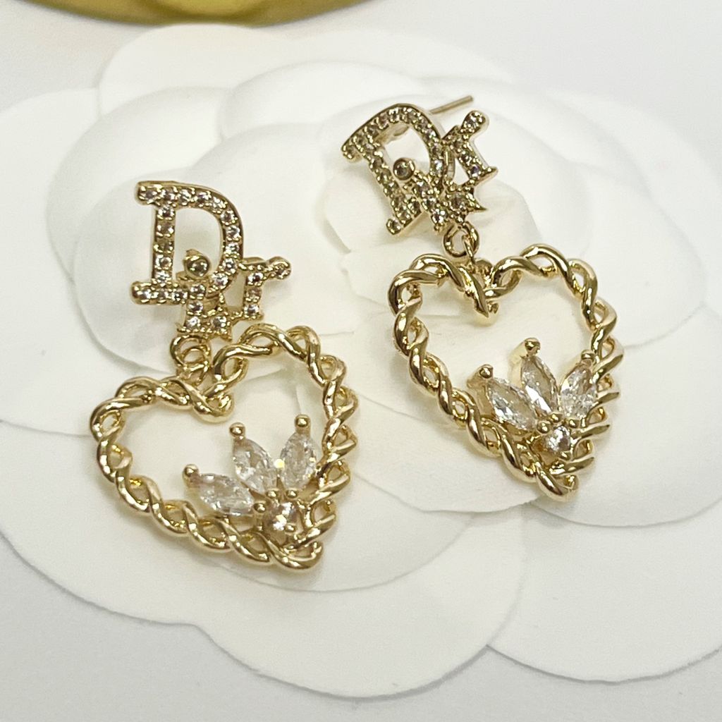  Bông Tai Dior Trái Tim Màu Vàng Pha Lê Trắng 