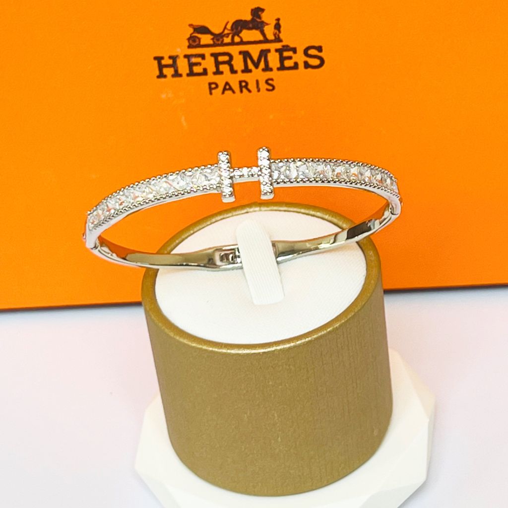 Bộ Trang Sức Hermes Trắng - Vòng Tay, Nhẫn & Bông Tai Pha Lê (AB) 