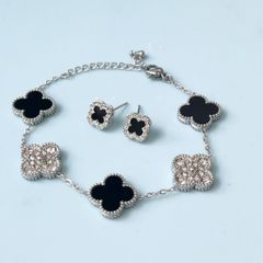  Bộ Trang Sức Cỏ 4 Lá May Mắn Trắng Đen Size 1cm - Dây Chuyền, Vòng Tay & Bông Tai Pha Lê (AR) 