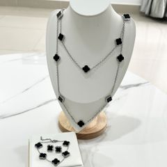  Bộ Trang Sức Cỏ 4 Lá May Mắn Trắng Đen Size 1,5cm - Dây Chuyền, Vòng Tay & Bông Tai Pha Lê (AS) 