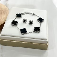  Bộ Trang Sức Cỏ 4 Lá May Mắn Trắng Đen Size 1cm - Dây Chuyền, Vòng Tay & Bông Tai Pha Lê (AR) 