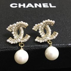  Bông Tai Chanel Màu Vàng Ngọc Trai & Pha Lê Trắng (BJ) 