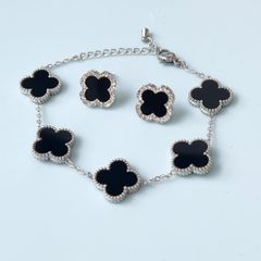  Bộ Trang Sức Cỏ 4 Lá May Mắn Trắng Đen Size 1,5cm - Dây Chuyền, Vòng Tay & Bông Tai Pha Lê (AS) 