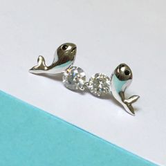  Bông Tai Bạc Cao Cấp - Cá heo con Pha Lê Trắng Dễ Thương 