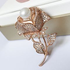  Cài Áo Hoa Hồng Màu Vàng Hồng Ngọc Trai & Pha Lê Trắng (AW) 