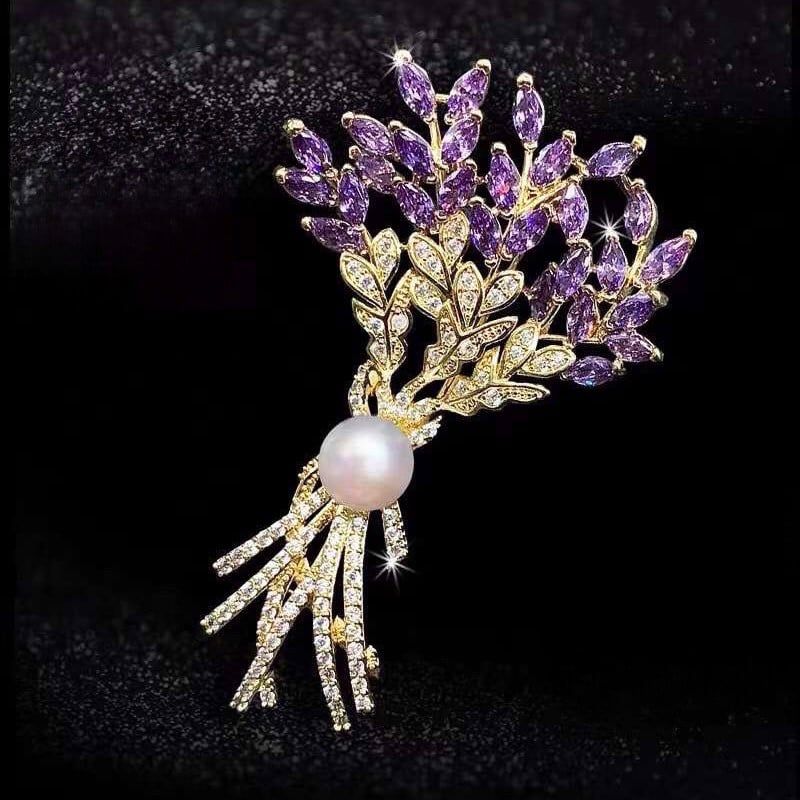  Cài Áo & Mặt Dây Chuyền - Bó Hoa Màu Vàng Pha Lê Tím & Ngọc Trai 