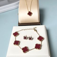  Bộ Trang Sức Cỏ 4 Lá May Mắn - Dây Chuyền, Vòng Tay & Bông Tai Màu Đỏ Pha Lê Trắng (AM) 