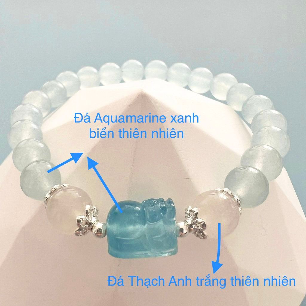  Vòng Tay Phong Thuỷ Cao Cấp - Con Tỳ Hưu Tài Lộc Đá Aquamarine & Đá Thạch Anh Trắng Thiên Nhiên 