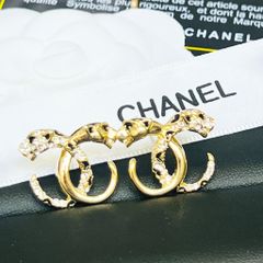  Bông Tai Con Hổ Chanel Bản To Màu Vàng Pha Lê Trắng 
