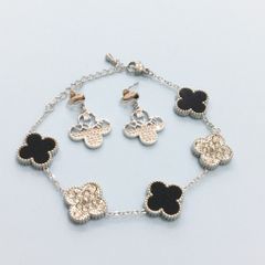  Bộ Trang Sức Cỏ 4 Lá May Mắn - Vòng Tay & Bông Tai Màu Trắng Đen Pha Lê (AH) 