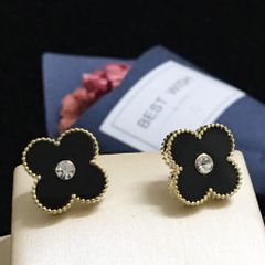  Bông Tai Cỏ 4 Lá May Mắn Màu Đen Bản To 1,4cm Pha Lê (AA) 