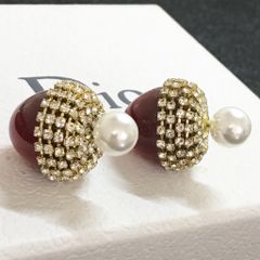  Bông Tai Dior Màu Đỏ Ngọc Trai &  Pha Lê Trắng ( Có 3 Kiểu Đeo ) 