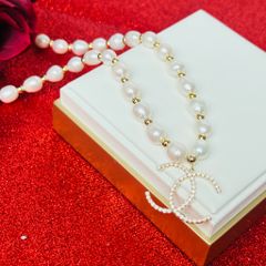  Vòng Cổ Choker Chanel Màu Vàng Chuỗi Ngọc Trai Thiên Nhiên & Pha Lê Trắng Sang Trọng 