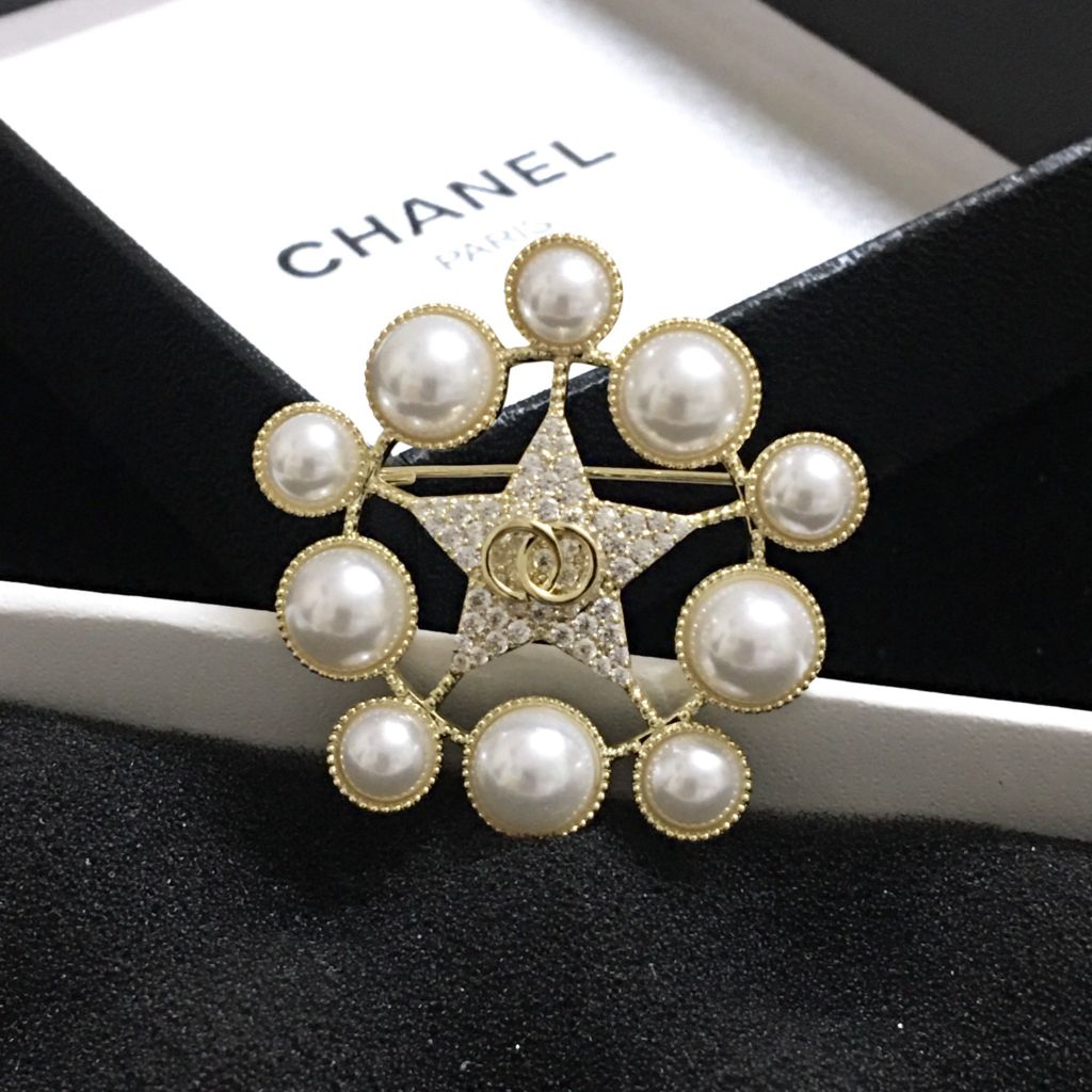  Cài Áo Nam, Nữ - Chanel Ngôi Sao Vàng Ngọc Trai & Pha Lê Trắng (BL) 